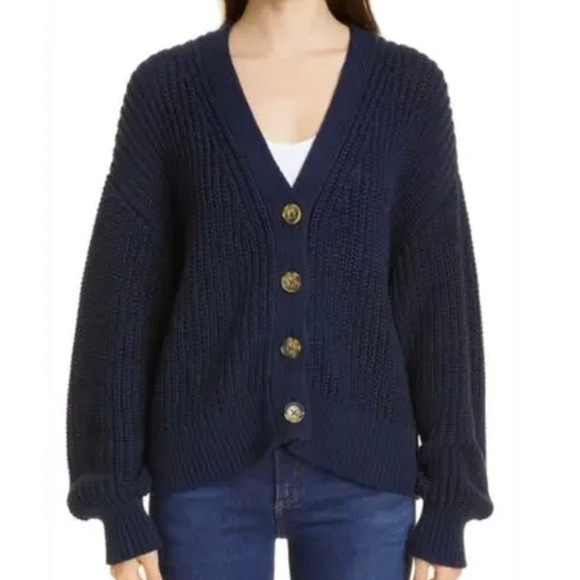 La Ligne Sweaters - La Ligne Chunky Cotton Cardigan Sweater In Navy Blue Knit 100% Neck Size XS